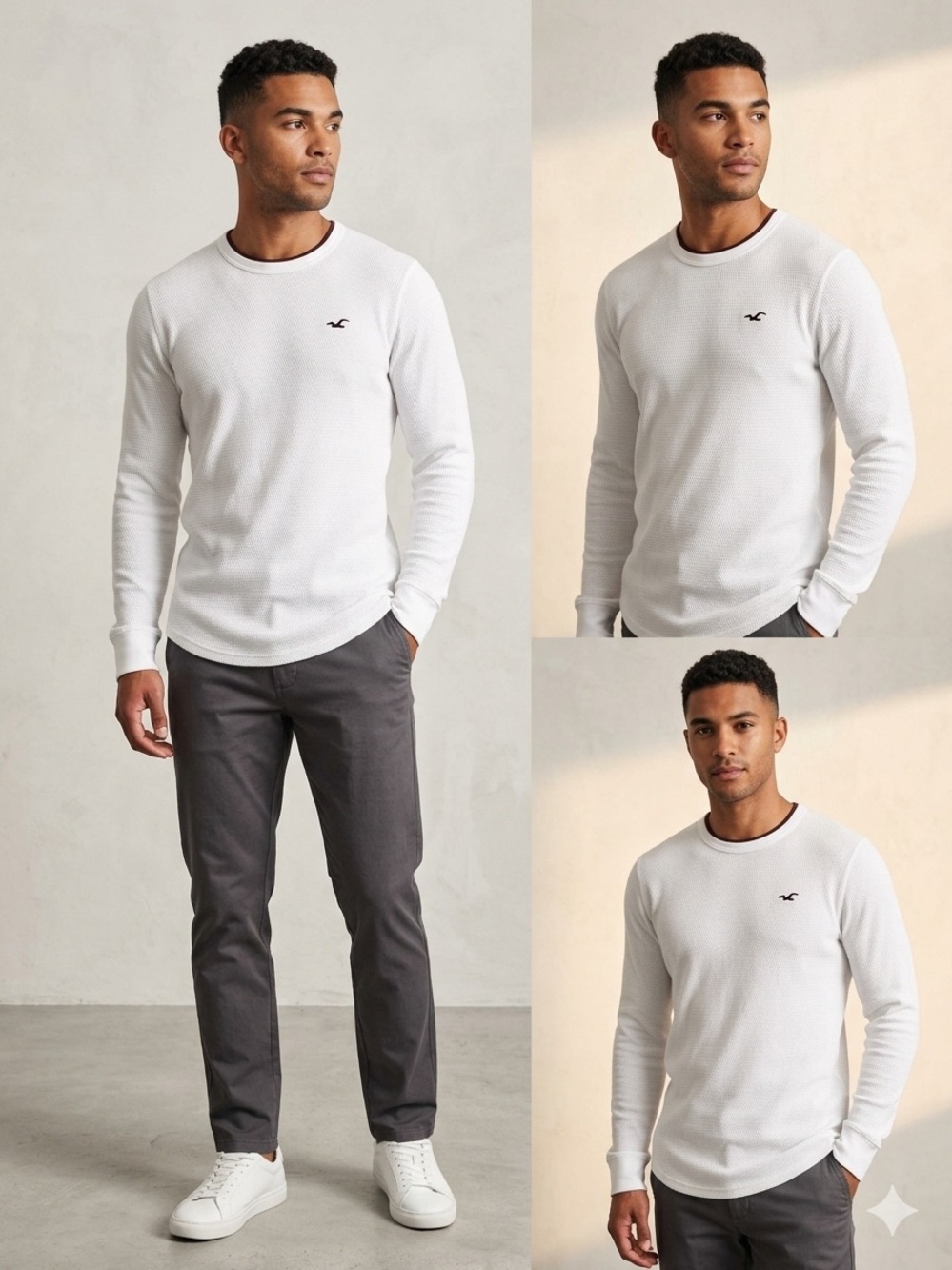 Hollister Mens White Waffle Knit Thermal Long Sleeve Crewneck M Elevated Casual